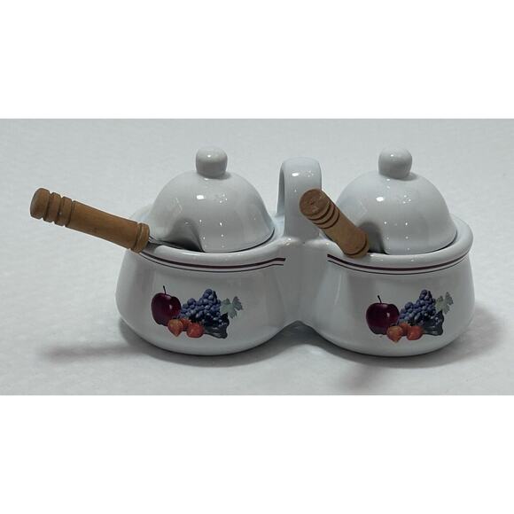 VTG Houston Harvest Ceramic Double Condiment/Jelly Bowls, White W/ Fruit Design - Picture 1 of 10